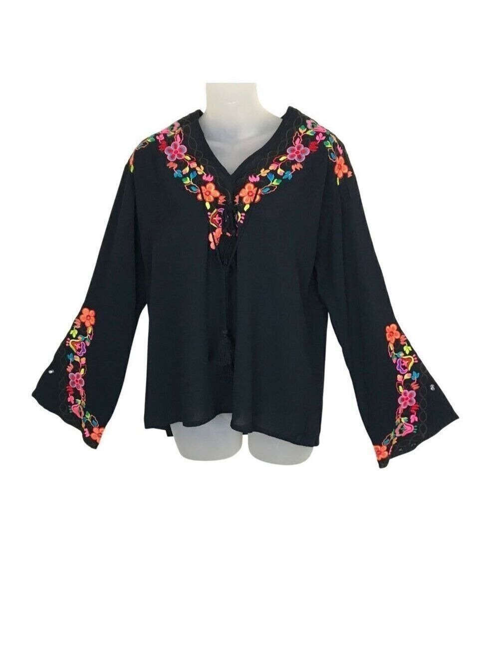 Misa Los Angeles Beautiful Black Embroidered Boho Blouse With Ties Size XS